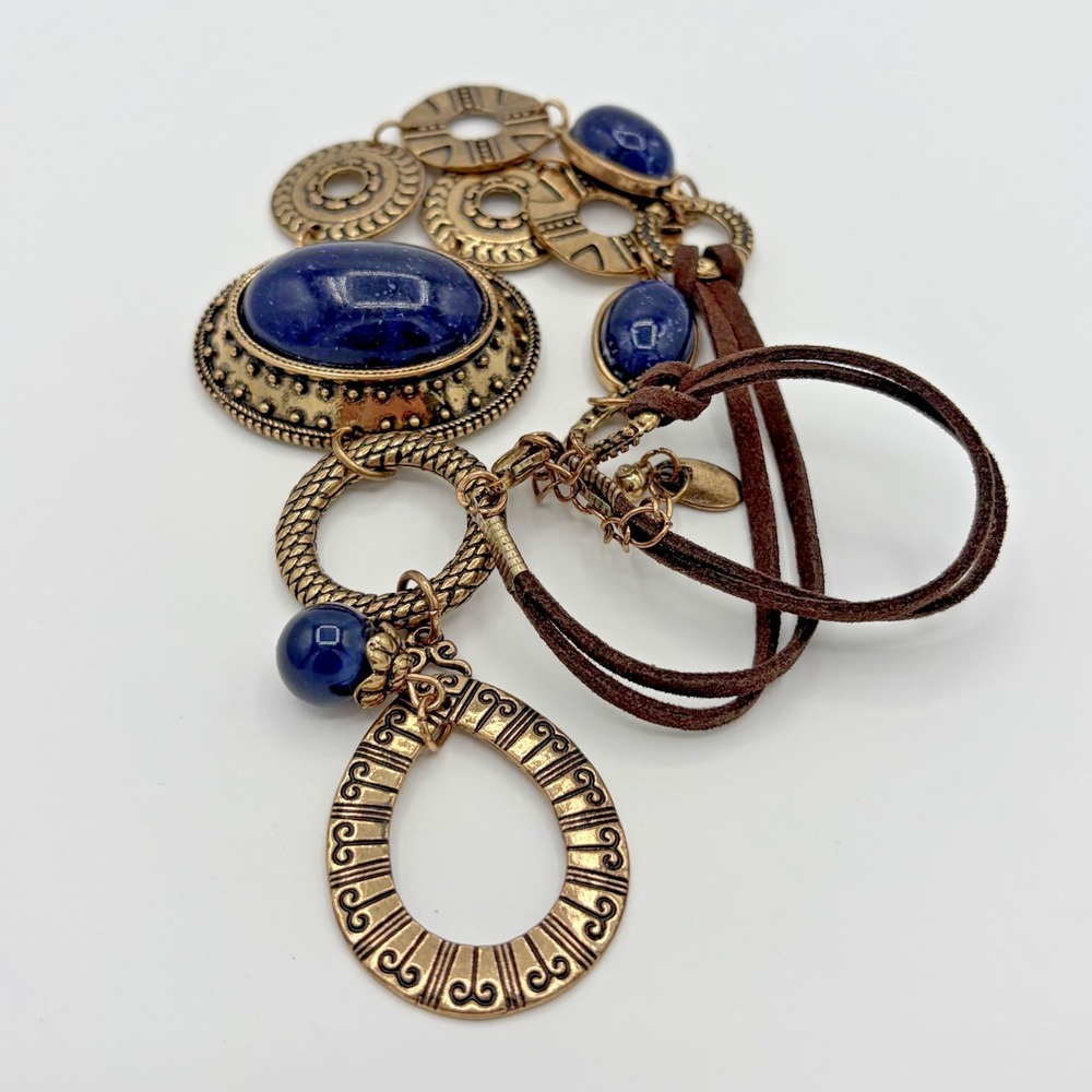 Erica‎ Lyons Boho Antiqued Gold Tone Navy Blue Faux Stone Statement Necklace